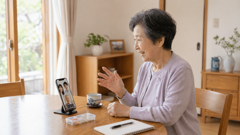 一人暮らしの高齢女性が家族とビデオ通話で話している様子