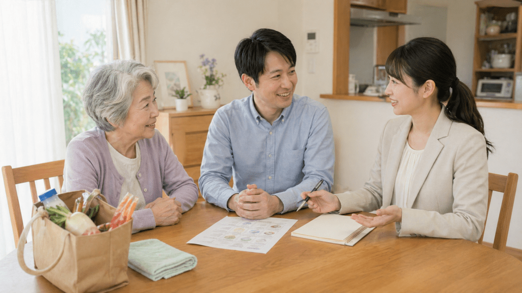 高齢者と家族が生活支援サービスについて相談している様子