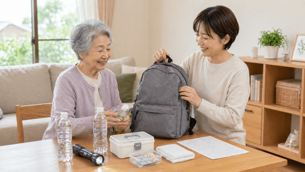 高齢の親と家族が防災リュックを準備している様子
