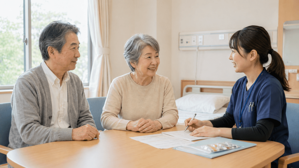 退院後の介護について病院で相談する高齢夫婦と看護師