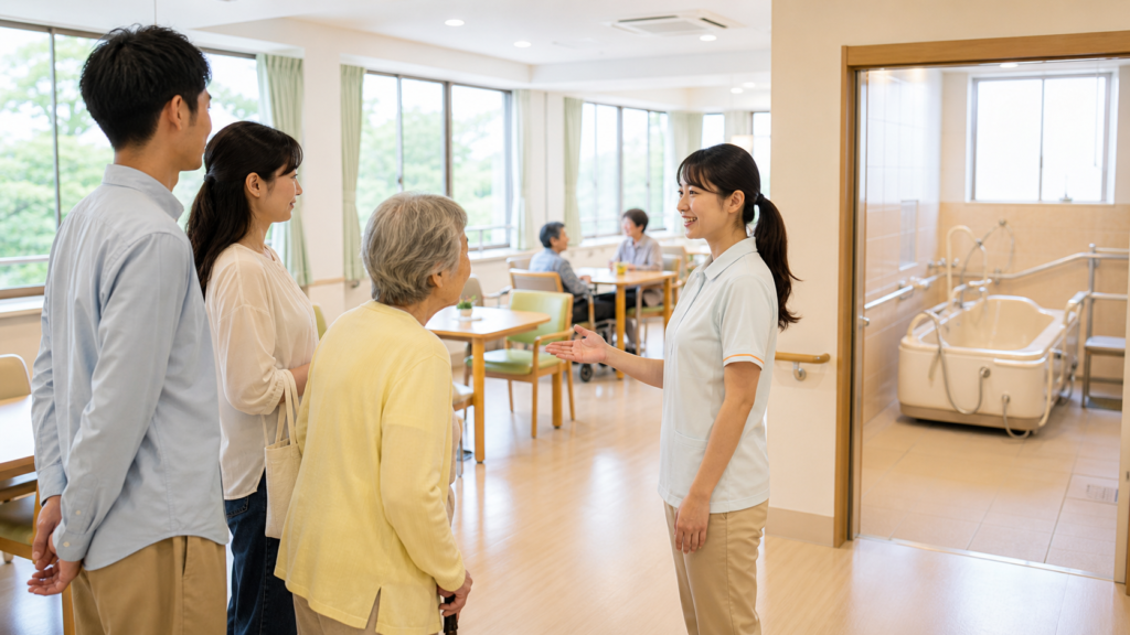 通所介護の見学で家族が説明を受ける様子