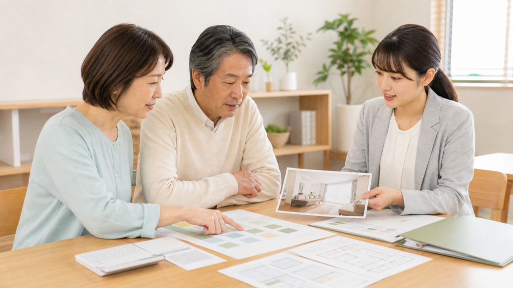 住宅型有料老人ホームの費用表を家族が確認する様子
