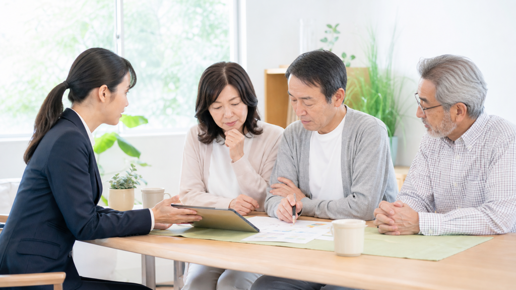 介護サービスの重要事項説明書を家族で確認する様子