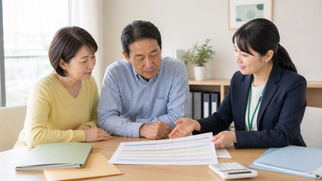 介護施設の料金を比較表で確認する様子