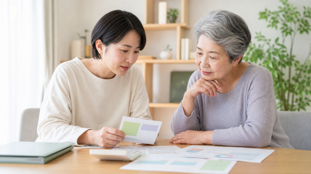 介護保険の負担割合証と費用を確認する様子