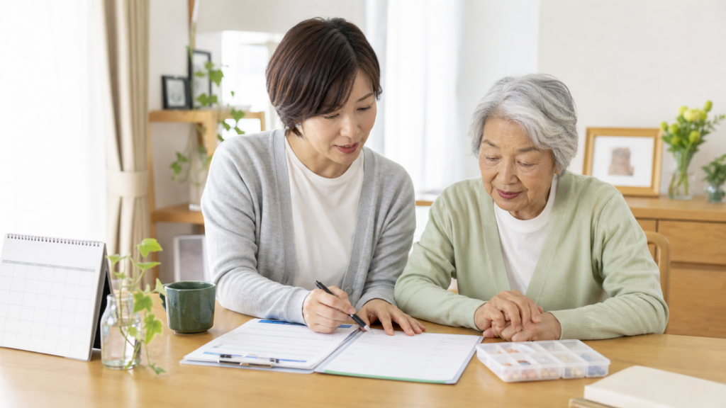 介護保険更新書類を家族で確認する様子