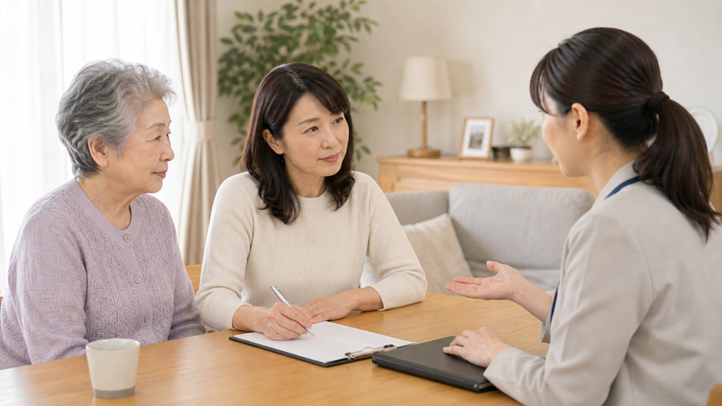 要介護認定調査の前に家族が生活状況を整理する様子