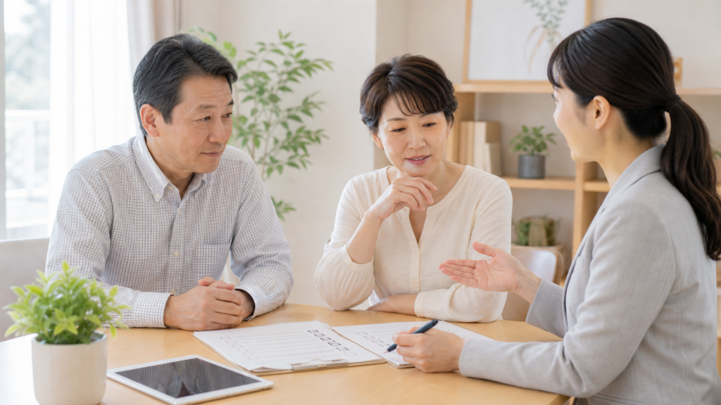 老人ホーム見学の質問リストを確認する家族