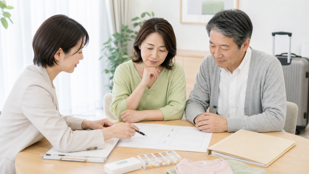 老人ホーム入居までの流れを家族で相談する様子