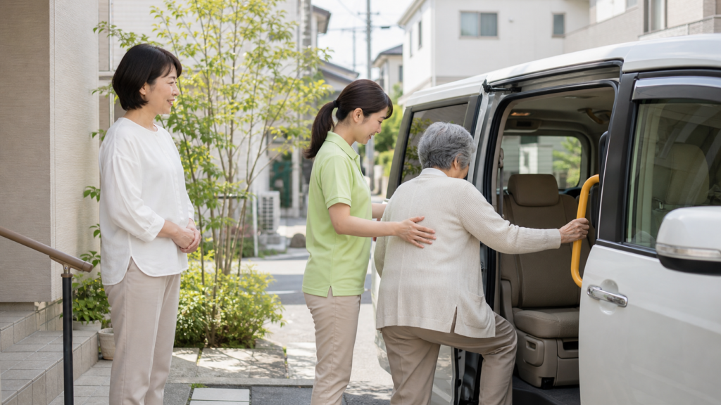 通所介護の送迎車に家族が付き添う様子