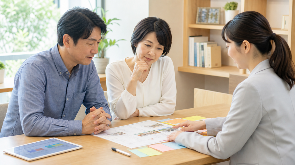 有料老人ホーム候補を家族で比較する様子