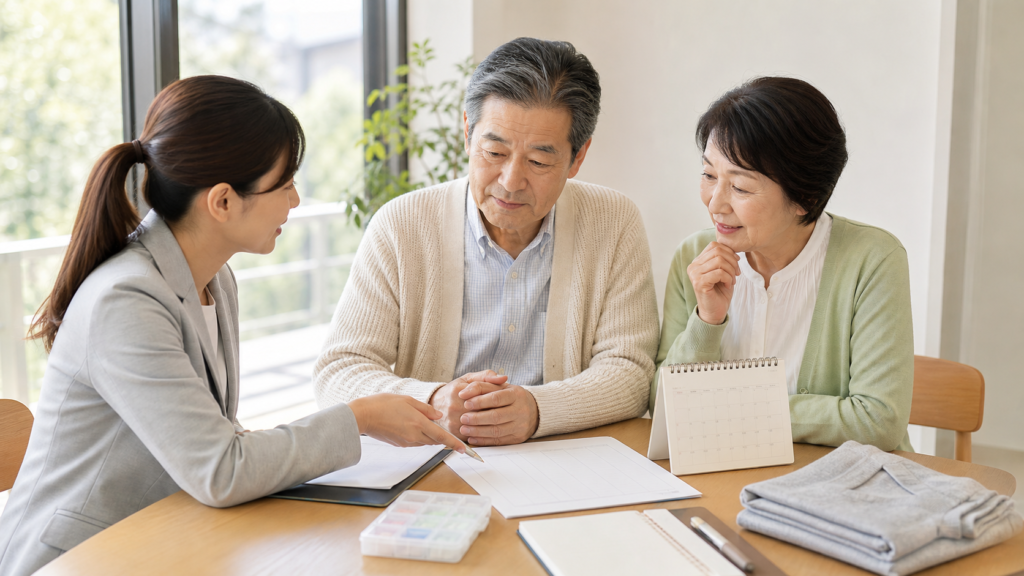有料老人ホームの費用表と入居準備を確認する様子