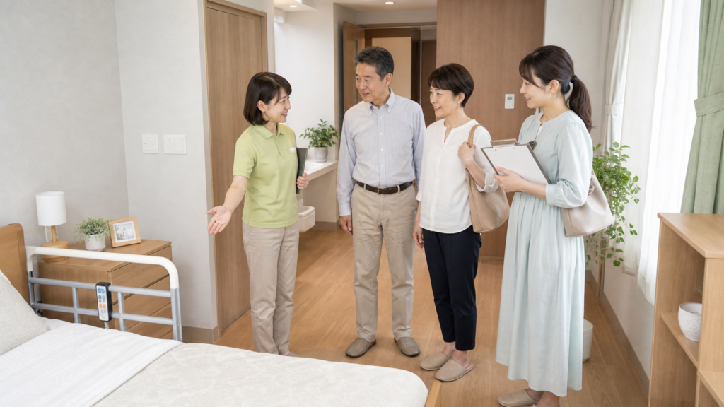 有料老人ホームの居室と共用部を見学する家族