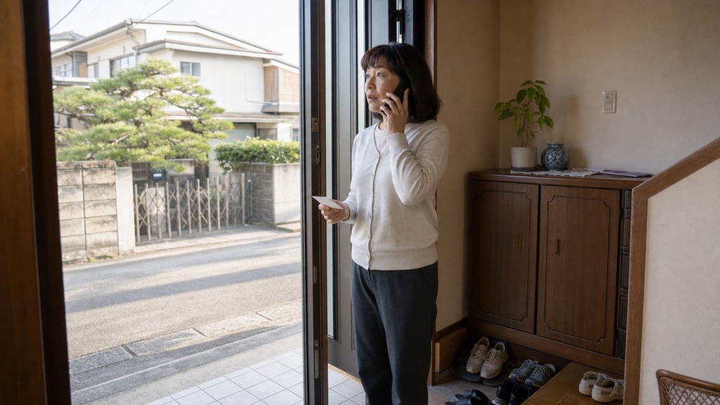 認知症の親が家にいない時に玄関から周囲を確認しながら電話連絡する家族