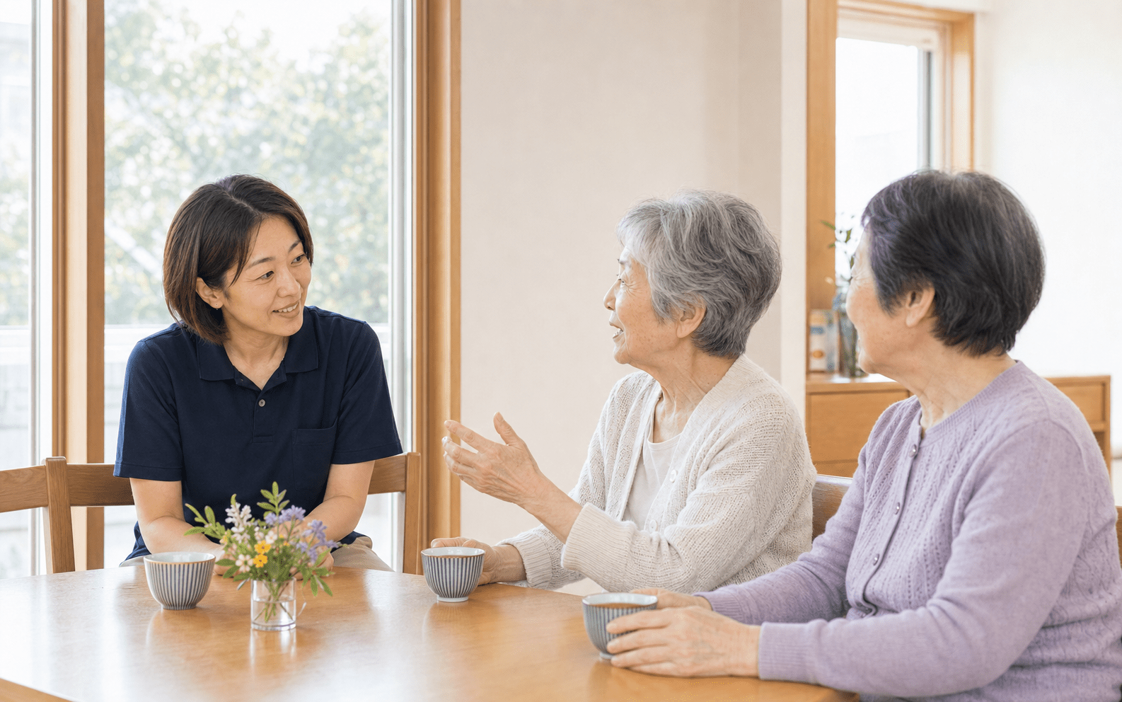 入居者と穏やかな時間を過ごす架空の介護職員