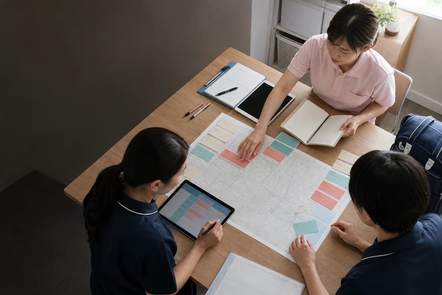 地図と予定カードを囲み訪問計画を調整する架空の訪問看護管理者と看護師