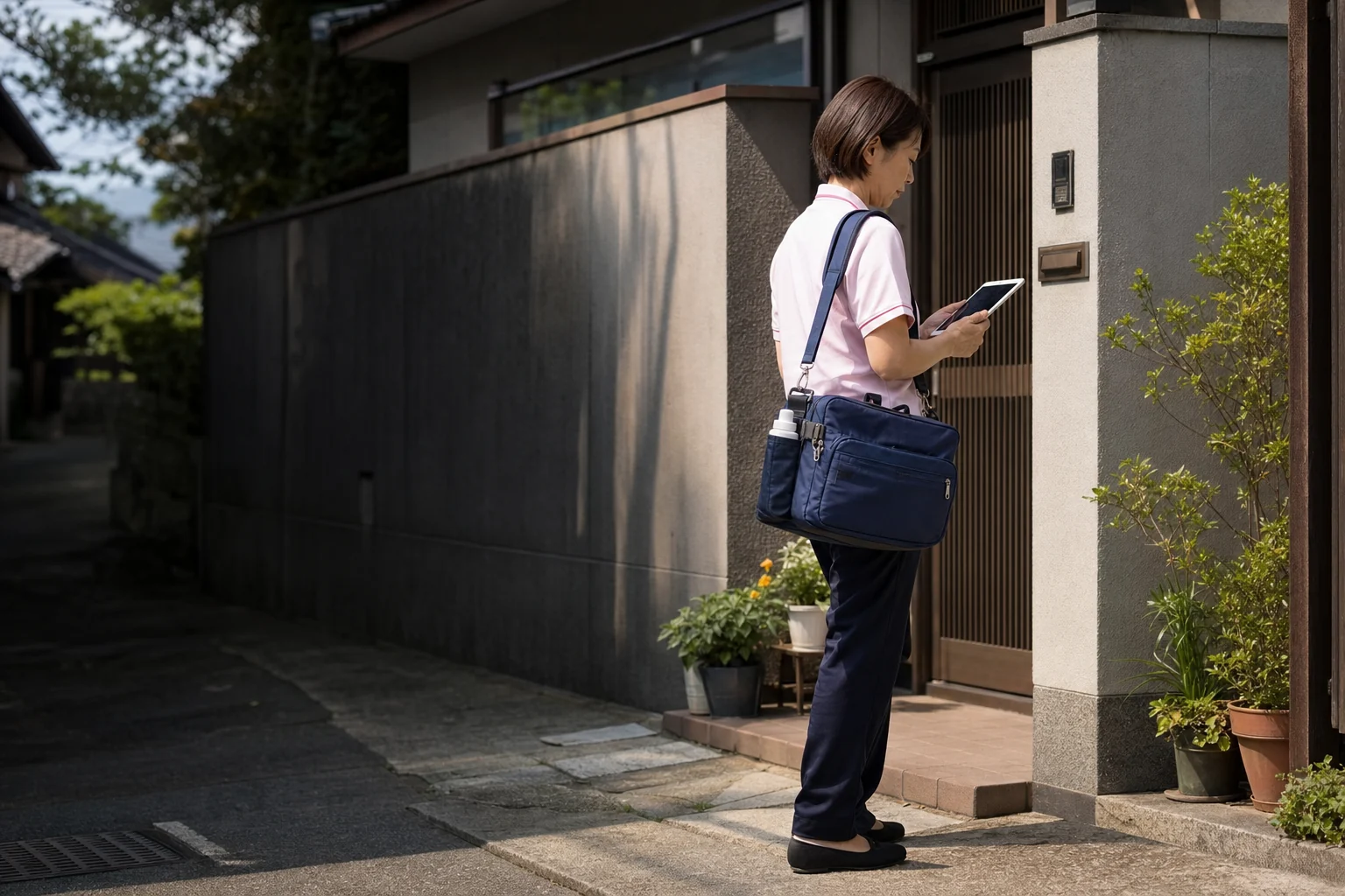 訪問先の玄関でタブレットを確認する架空の訪問看護師