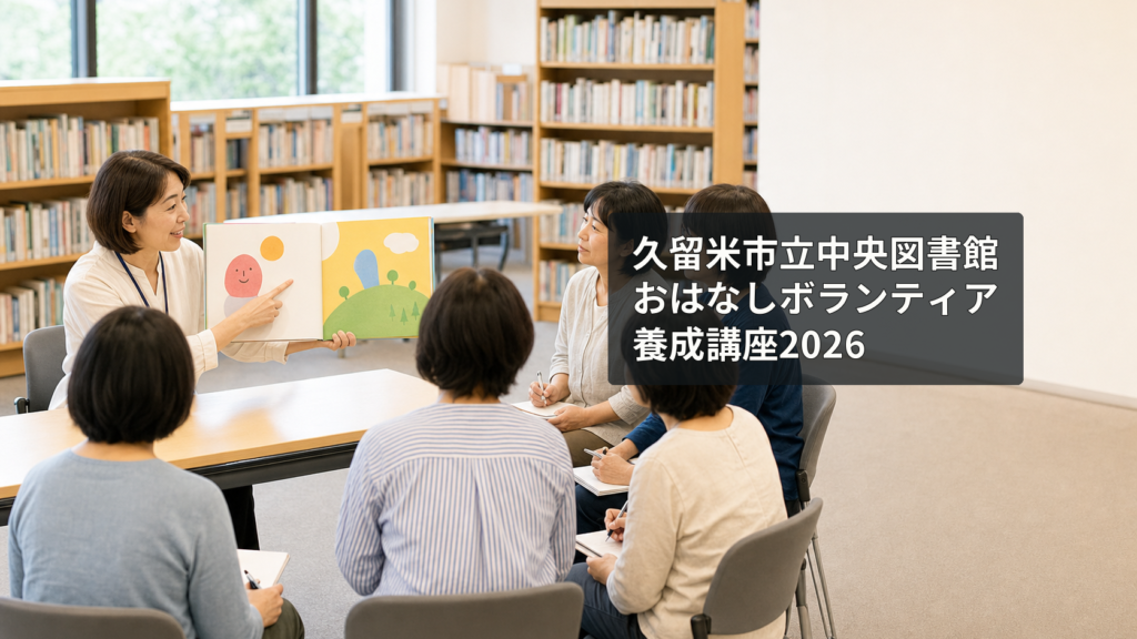 久留米市立中央図書館の講座で、講師から絵本の読み聞かせを学ぶ受講者
