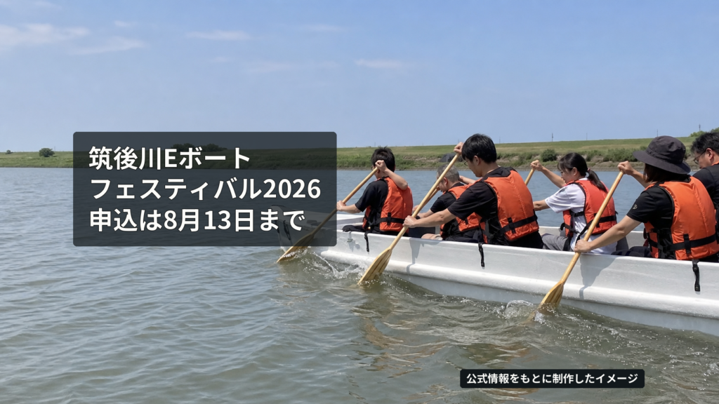 筑後川で救命胴衣を着けた参加者がEボートを漕ぐ様子を、公式写真の艇形をもとに制作したイメージ