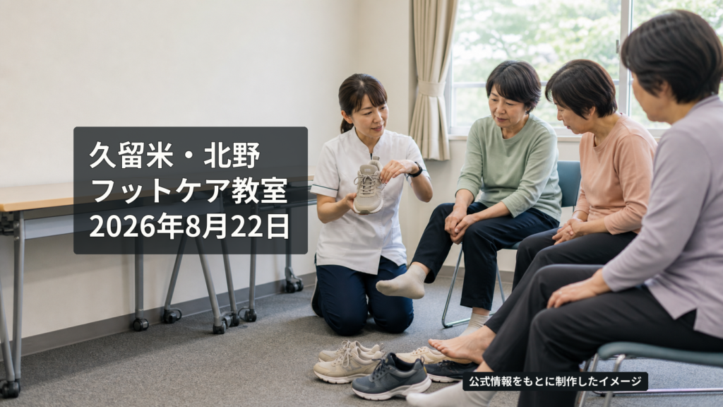 参加者が靴を手に足のケアと履き方を学ぶ場面を、講座内容をもとに制作したイメージ