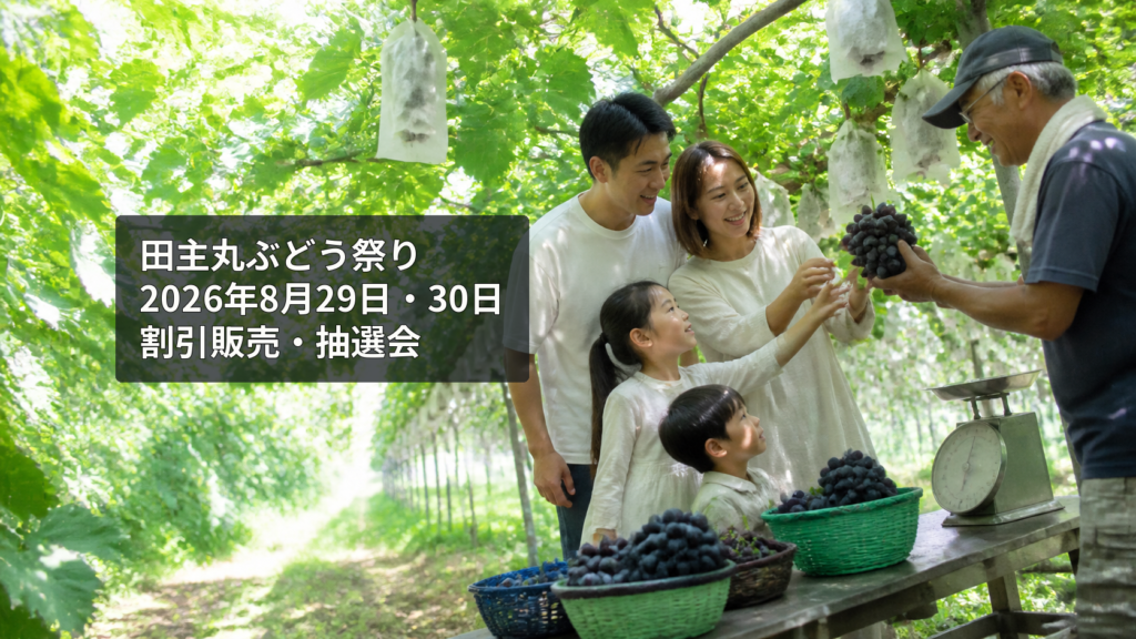 田主丸のぶどう園で巨峰を手にする家族を、公式の特産品写真をもとに制作したイメージ