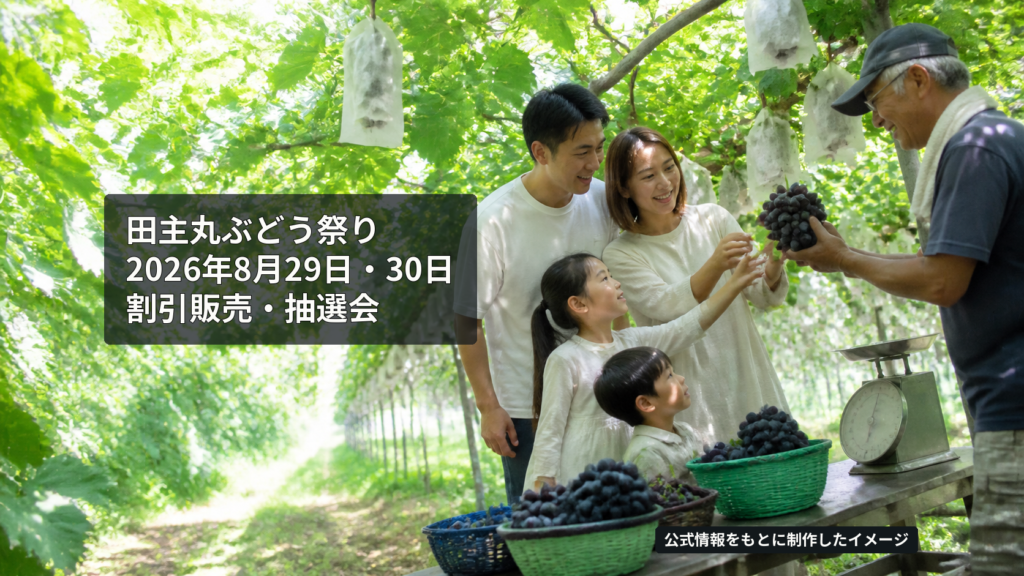 田主丸のぶどう園で巨峰を手にする家族を、公式の特産品写真をもとに制作したイメージ