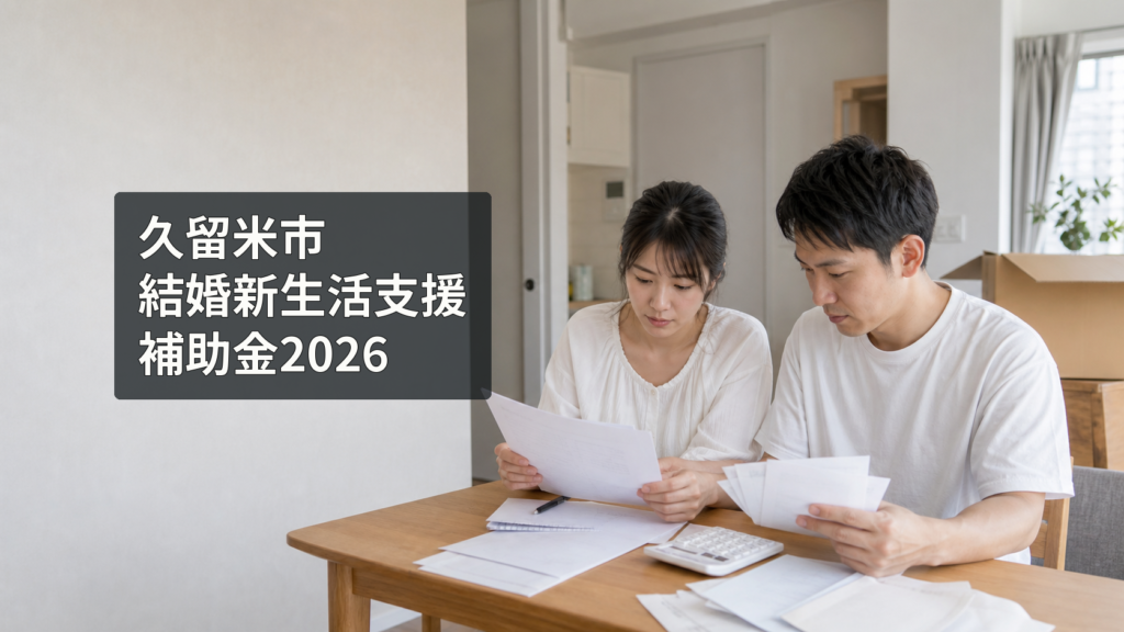 新居で住居費の書類と領収書を夫婦で確認する、結婚新生活支援補助金の案内イメージ