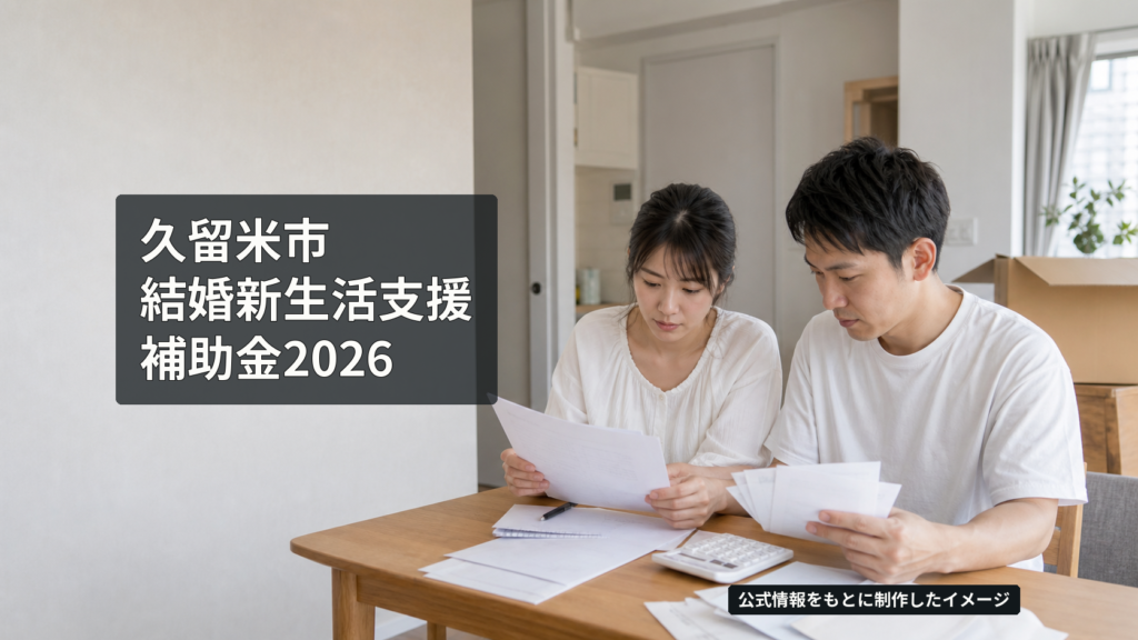 新居で住居費の書類と領収書を夫婦で確認する、結婚新生活支援補助金の案内イメージ