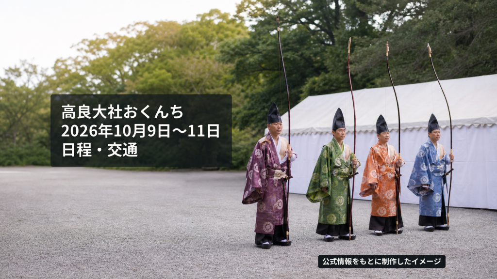 長い和弓を持ち伝統装束で並ぶ射手を、公式写真で確認した姿をもとに制作した高良大社おくんちのイメージ