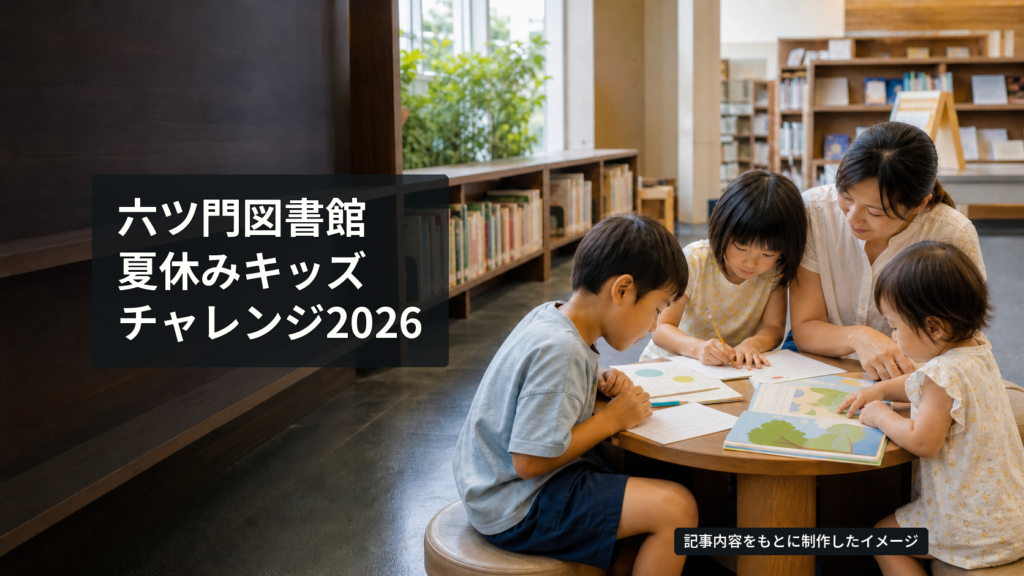 日本の図書館で本を読みクイズに取り組む親子のイメージ