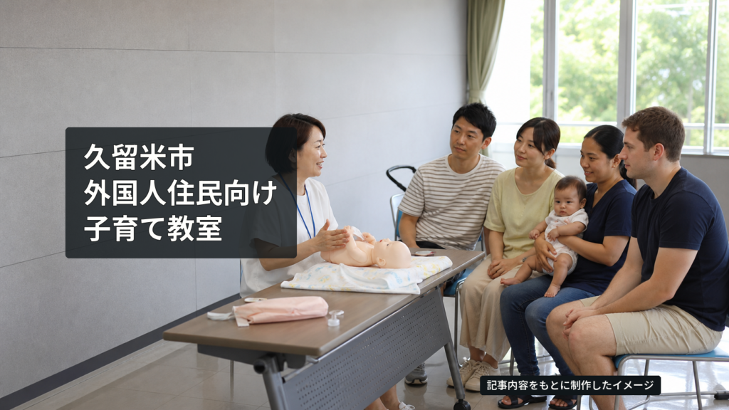 日本の公共施設で外国人住民を含む保護者が子育てを学ぶイメージ