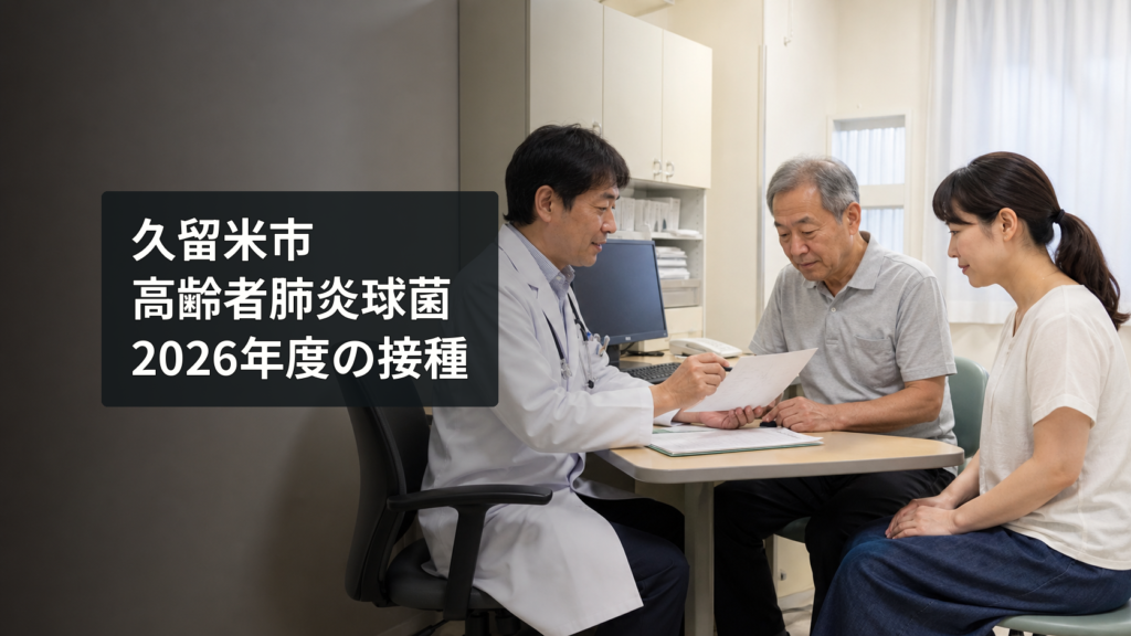 診察室で高齢者肺炎球菌予防接種の説明を受ける男性と家族