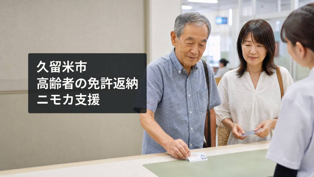 窓口で運転免許証を返納し交通系ICカードを確認する高齢男性と家族