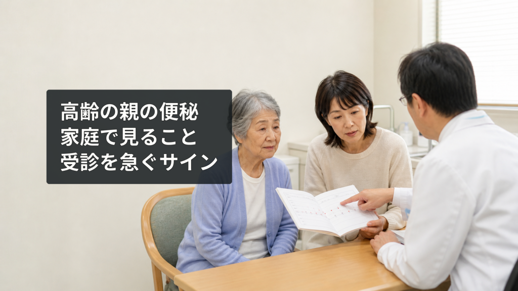 便の状態を記録した手帳を医師に見せて相談する高齢女性と家族