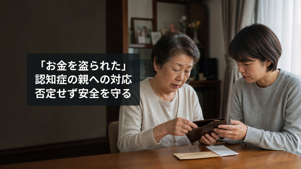 財布と領収書を一緒に確認する高齢の母親と娘