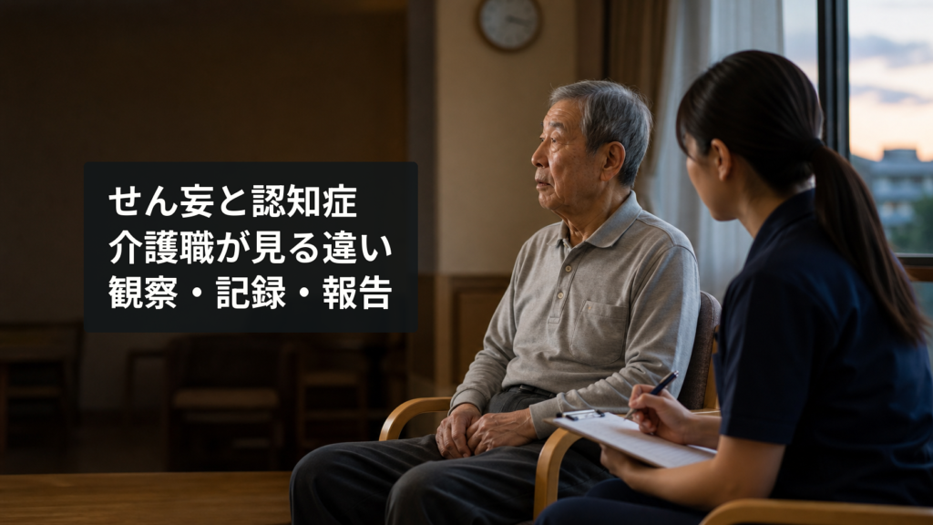 夕方の施設で高齢男性の様子を観察し記録する介護職員