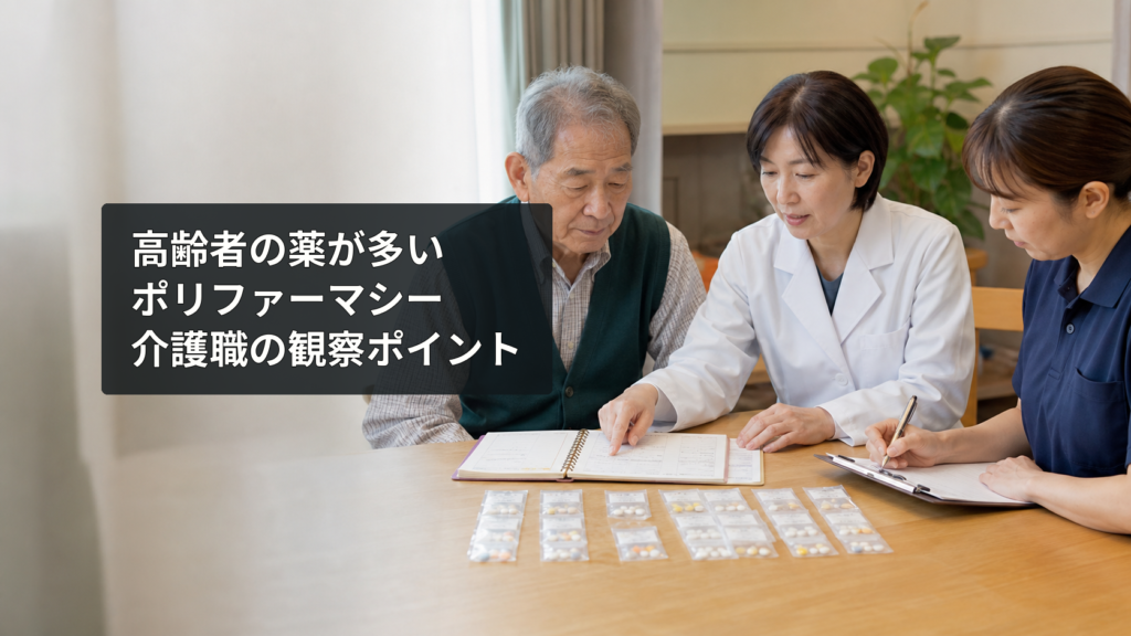 高齢者の薬と服薬記録を薬剤師と介護職員が確認する場面