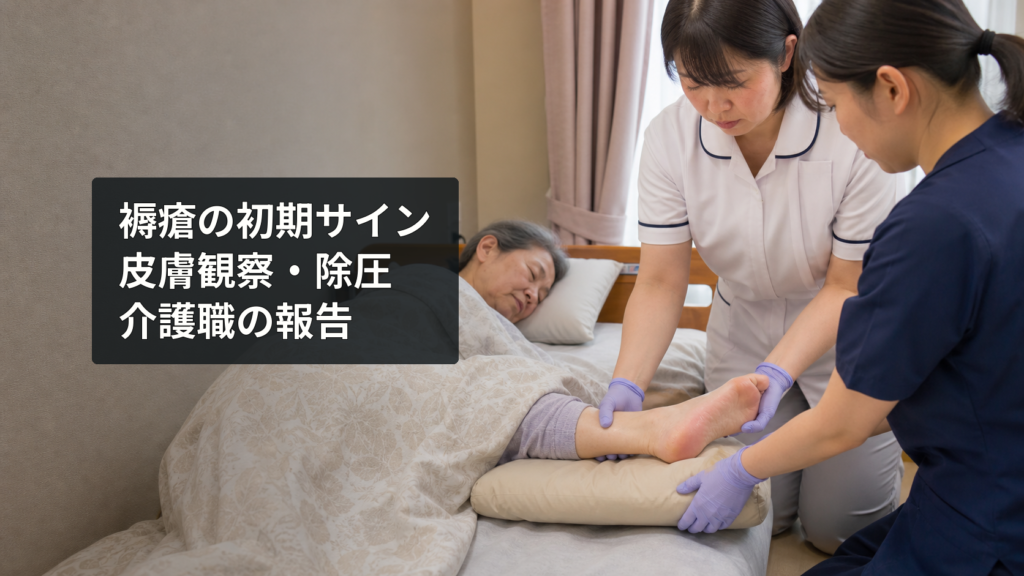 高齢女性のかかとを観察しクッションで除圧する看護職と介護職