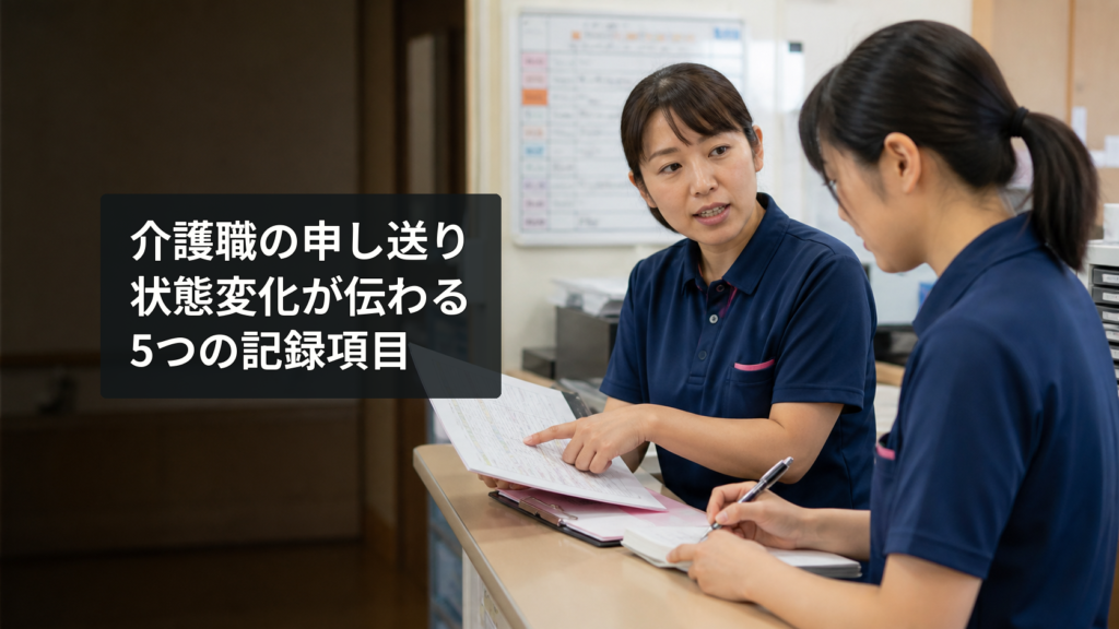 記録用紙を指し示しながら状態変化を申し送る二人の介護職員