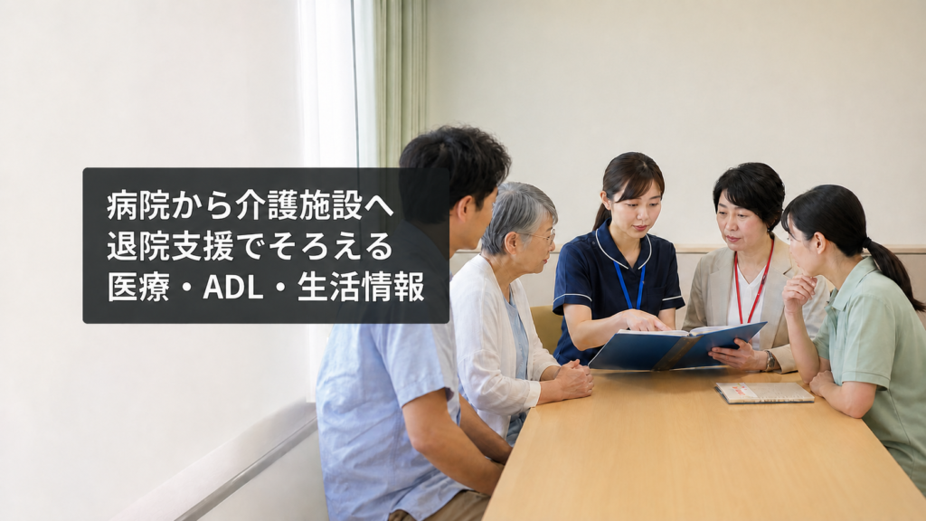 病院から介護施設への移行に向け退院支援情報を確認する本人・家族・専門職