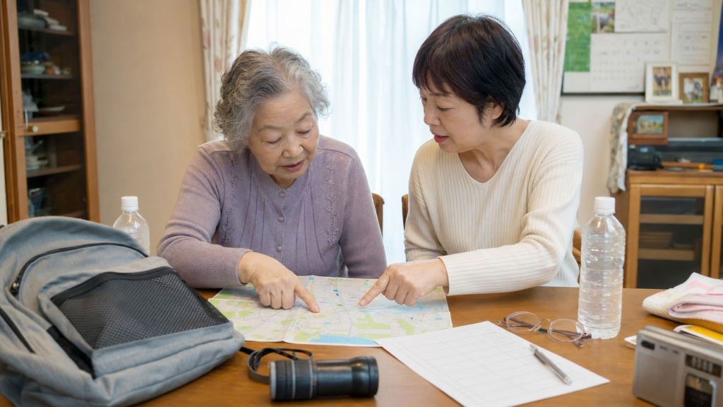 高齢の母と娘が自宅で地図を広げ、災害時の避難経路を確認している様子