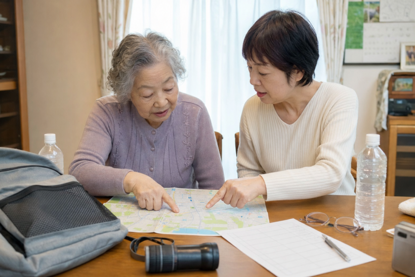 高齢の母と娘が自宅で地図を広げ、災害時の避難経路を確認している様子