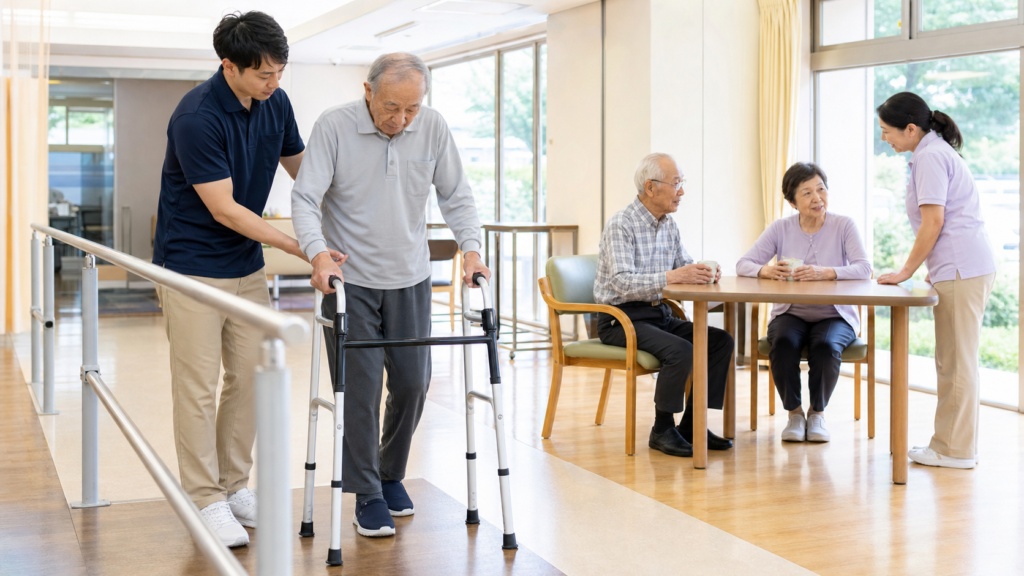 高齢者が通所施設で歩行訓練を行い、奥では利用者が交流している様子