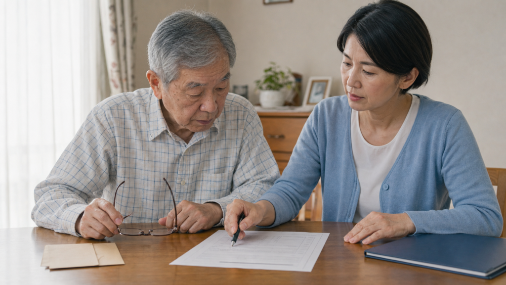 高齢の父と娘が自宅で障害者控除に関する申請書類を確認している様子