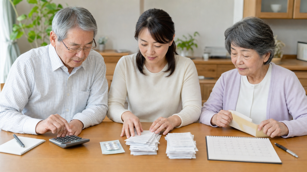 高齢の夫婦と娘が医療費と介護費の領収書を分けて確認している様子