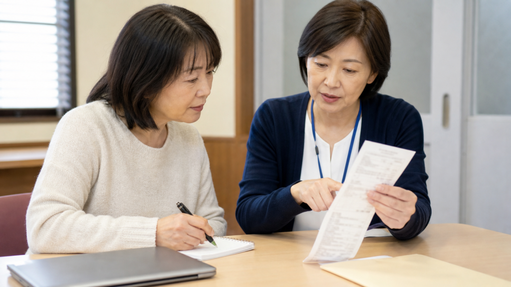 介護サービスの領収書を見ながら医療費控除の対象額を確認している様子