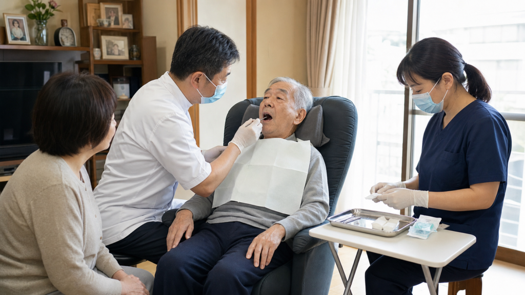 歯科医師と歯科衛生士が高齢者宅で訪問歯科診療を行っている様子