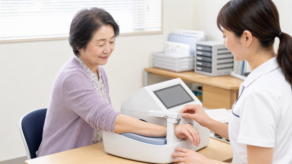 高齢の女性が医療機関で腕の骨密度検査を受けている様子