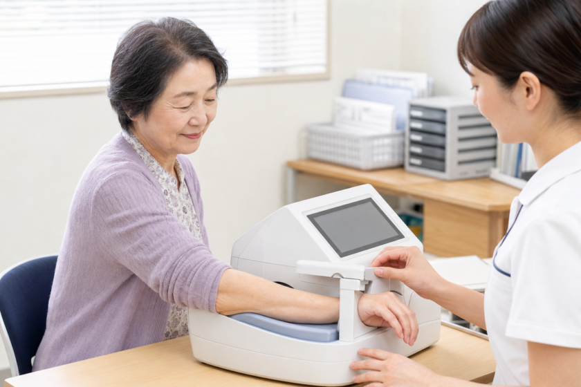 高齢の女性が医療機関で腕の骨密度検査を受けている様子
