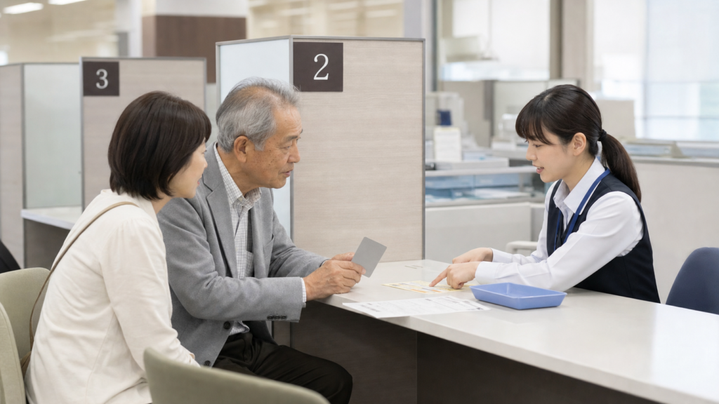 高齢の男性と娘が市役所窓口でマイナンバーカードの更新手続きを確認している様子